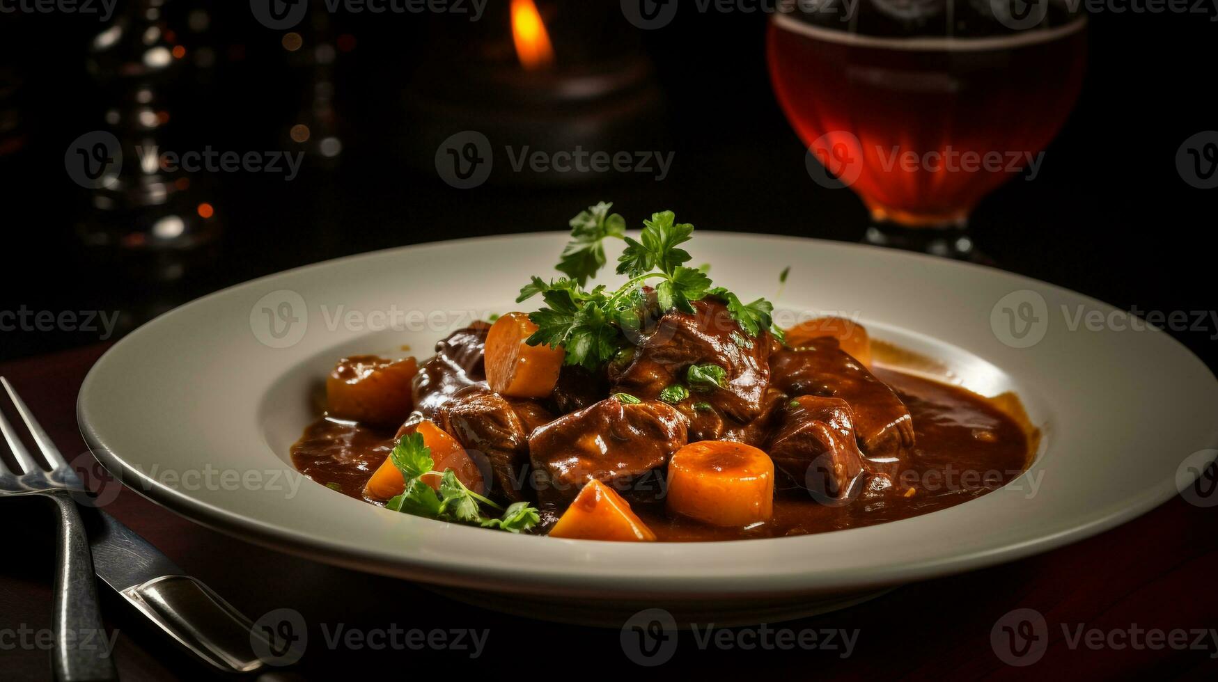 Photo of Beef and Guinness Stew as a dish in a high-end restaurant. Generative AI