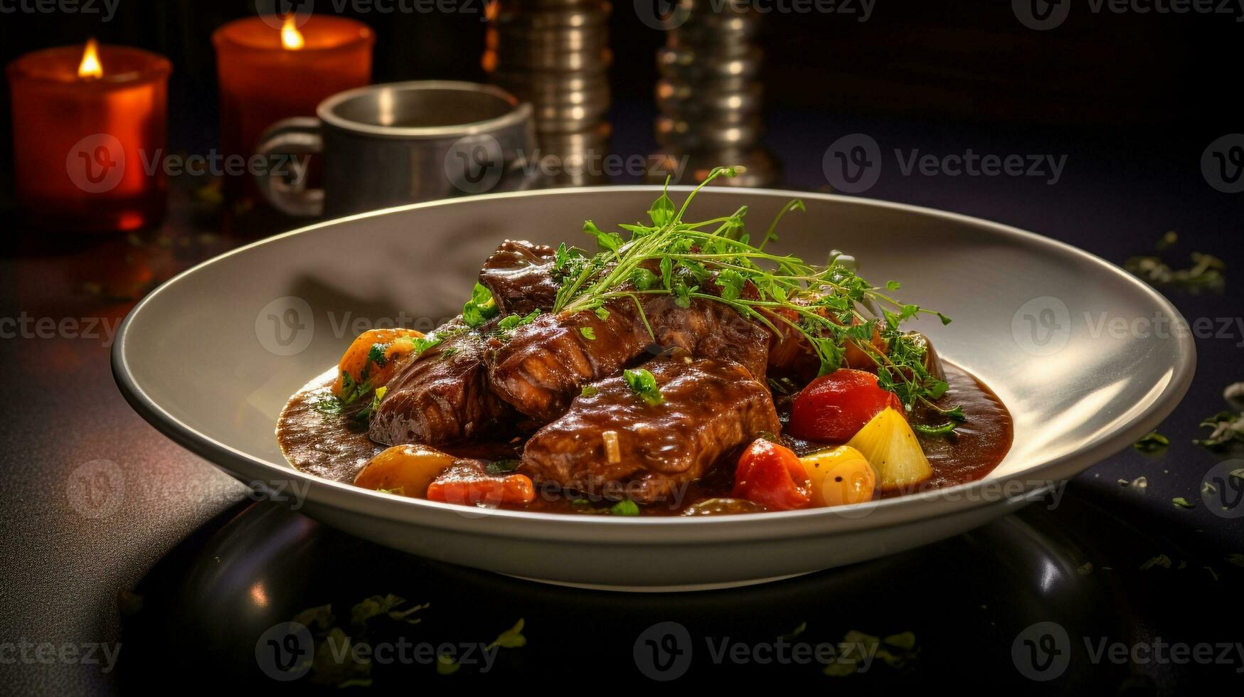 Photo of Beef Stew as a dish in a high-end restaurant. Generative AI