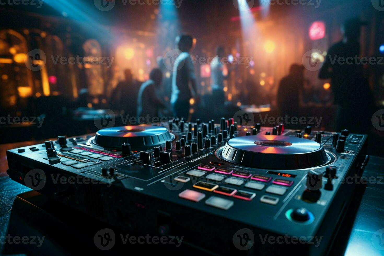 The DJ mixer table stands as the luminous heart of the nightclub. AI Generated photo