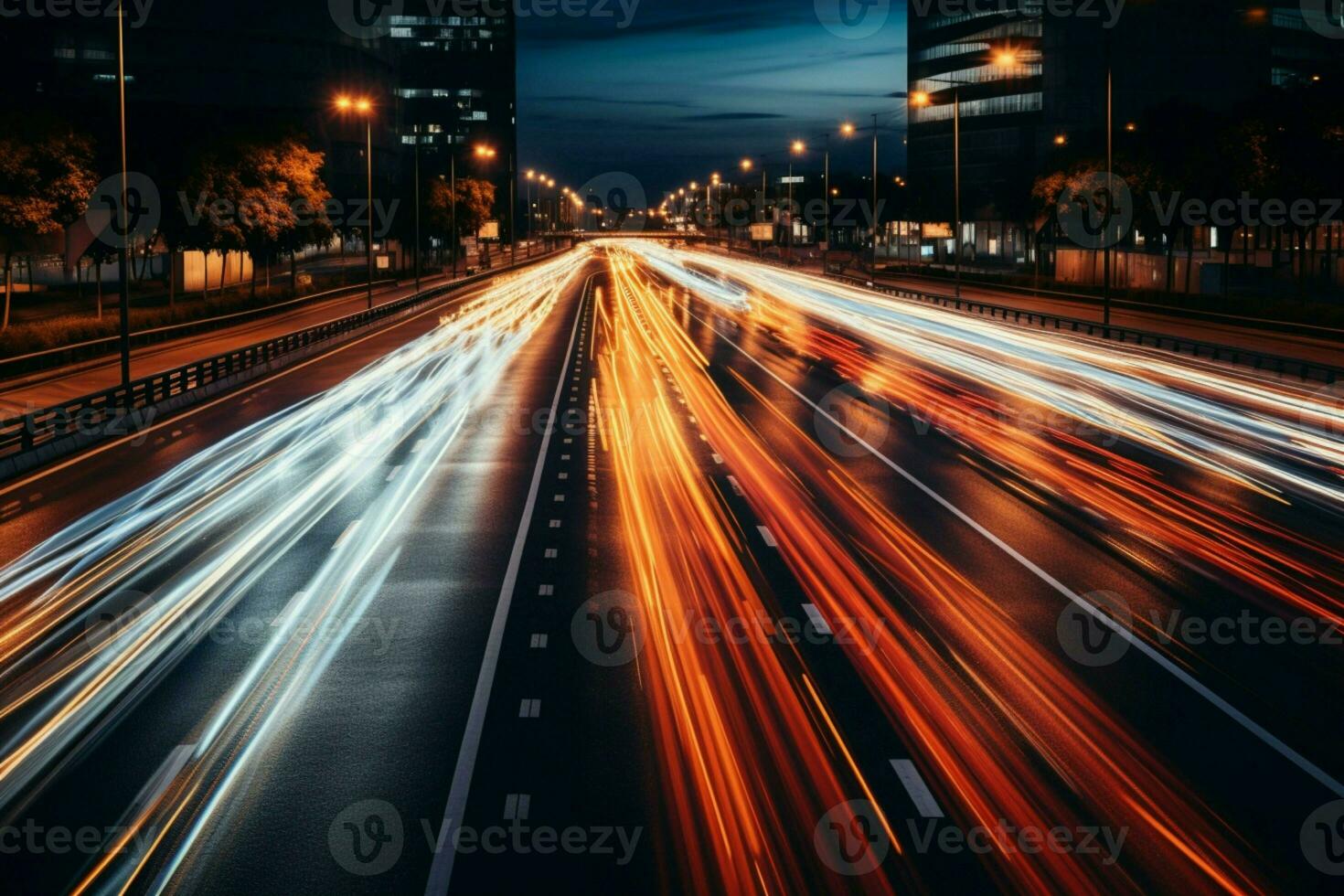 Mañana el tráfico velocidad en un genérico autopista representado mediante artístico movimiento difuminar ai generado foto