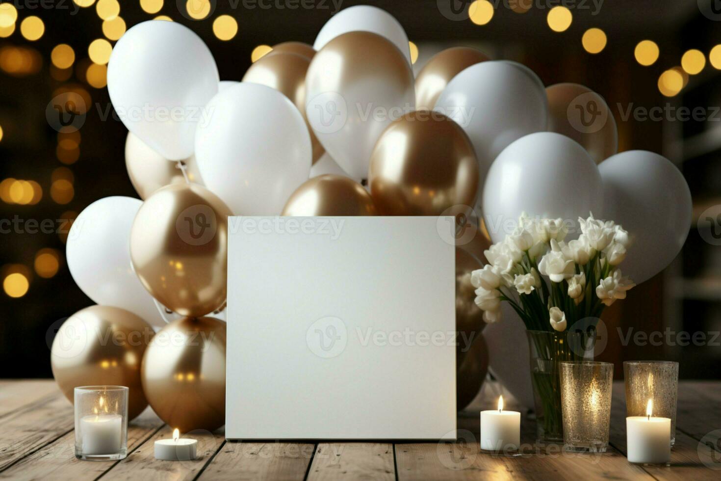 White tabletop above blurred balloons AI Generated photo