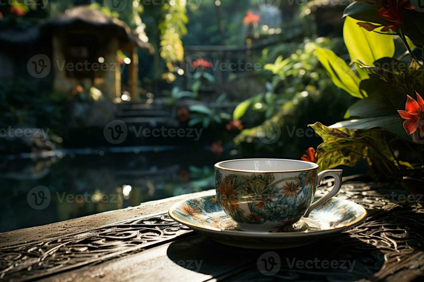 Cozy getaway, tea or coffee cup reveals a tropical oasis  AI Generated photo