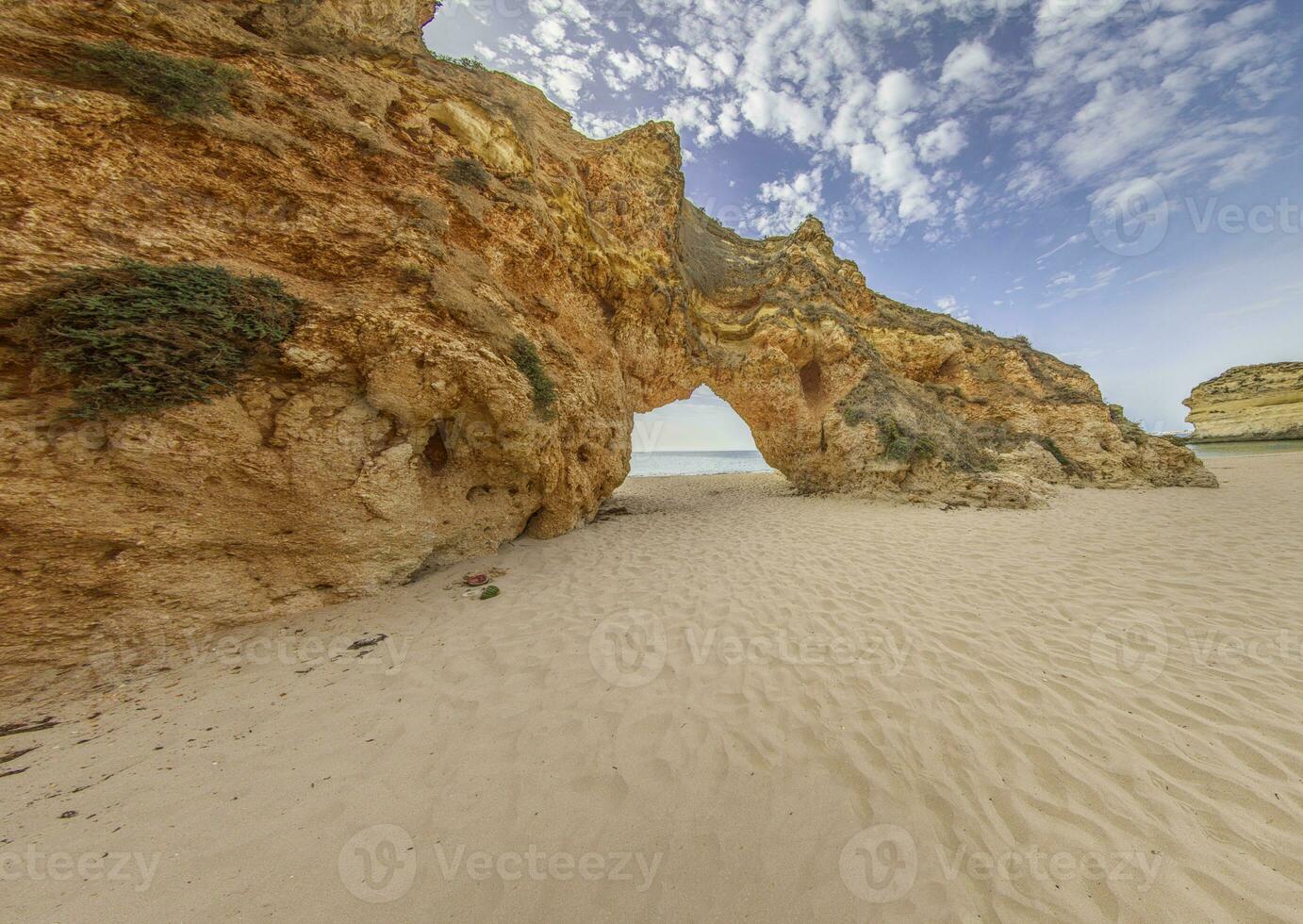 Panoramic picture between the cliffs at Praia do Prainha on the Portuguese Algarve coast during the day photo