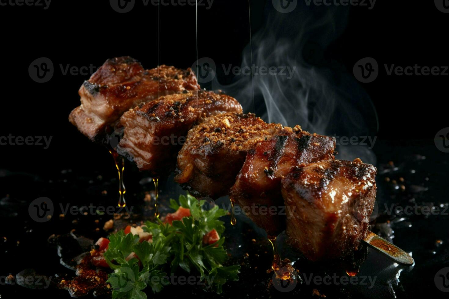 Delectable barbecued meat fragments skewered on a fork, contrasting boldly against black AI Generated photo