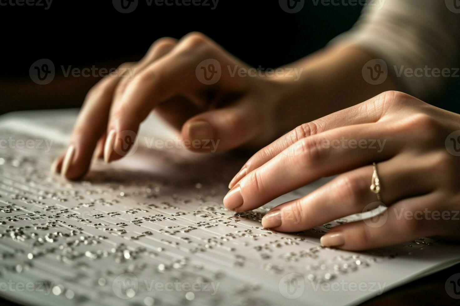 Visually impaired readers hands explore Braille book, feeling the embossed alphabet AI Generated photo