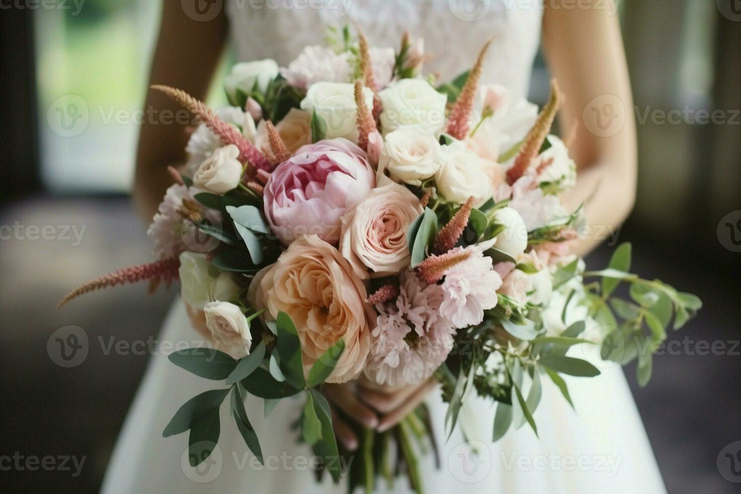 Elegantly captured brides hands cradle David Austin bouquet, a wedding day masterpiece AI Generated photo