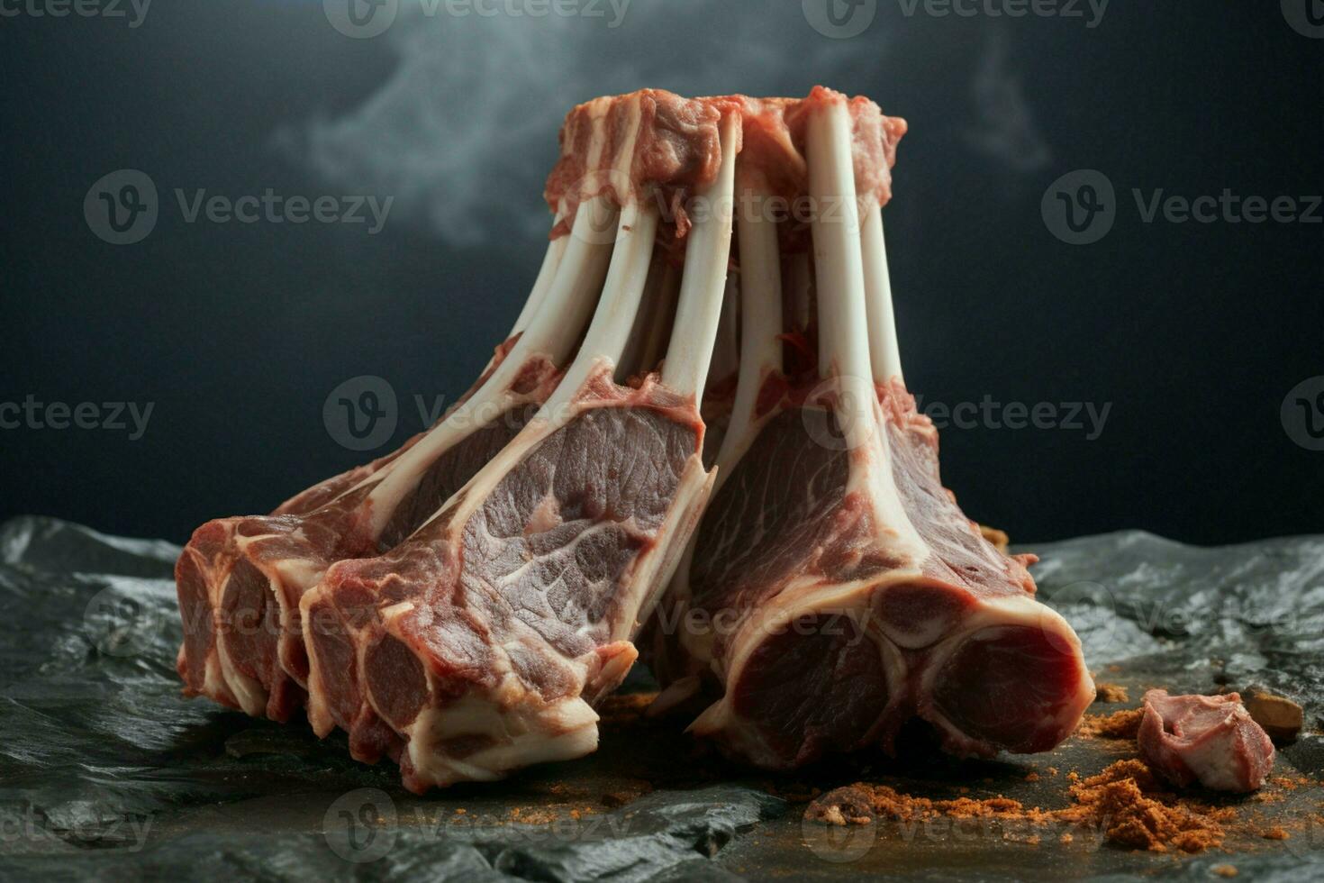 Uncooked lamb ribs positioned on a solid stone table, ready for culinary transformation AI Generated photo