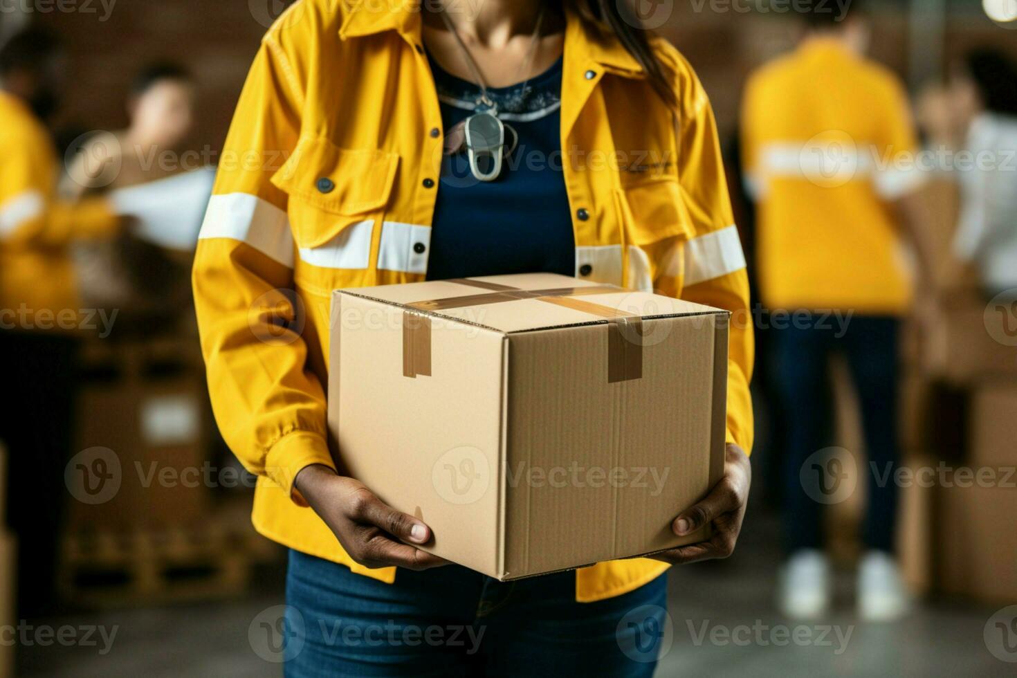 Community support  Close up of volunteer holding box signifies local outreach and contribution. AI Generated photo