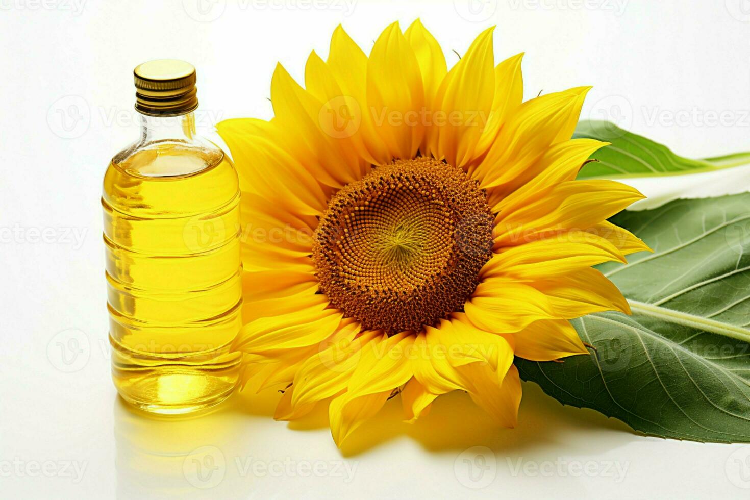 Sunflower oil and a sunflower bloom, isolated against a clean white background AI Generated photo