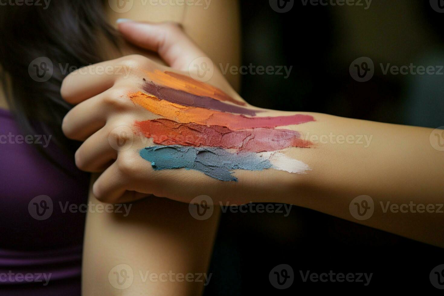 Unidentified woman's arm adorned with makeup swatches, experimenting with cosmetic colors AI Generated photo