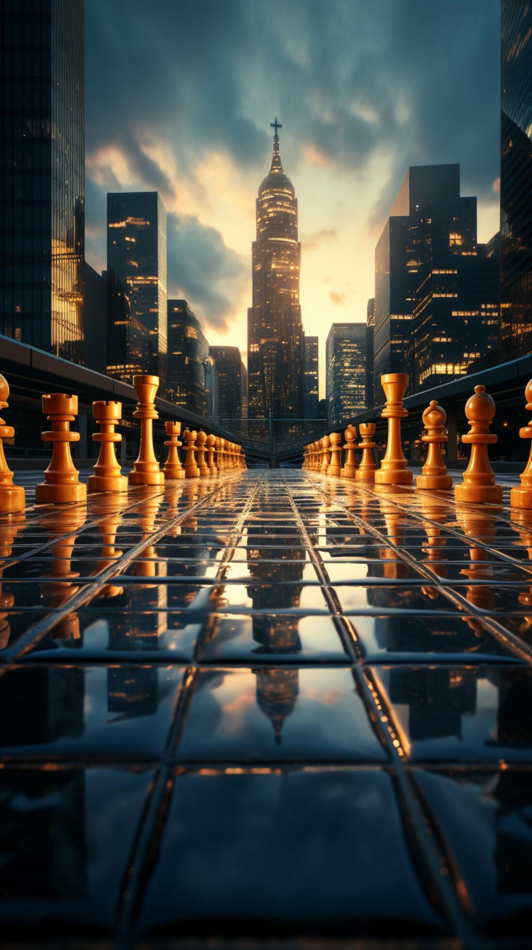 Skyscrapers surround chess pieces, born from Generative AIs brilliance  Vertical Mobile Wallpaper AI Generated 29296411 Stock Photo at Vecteezy