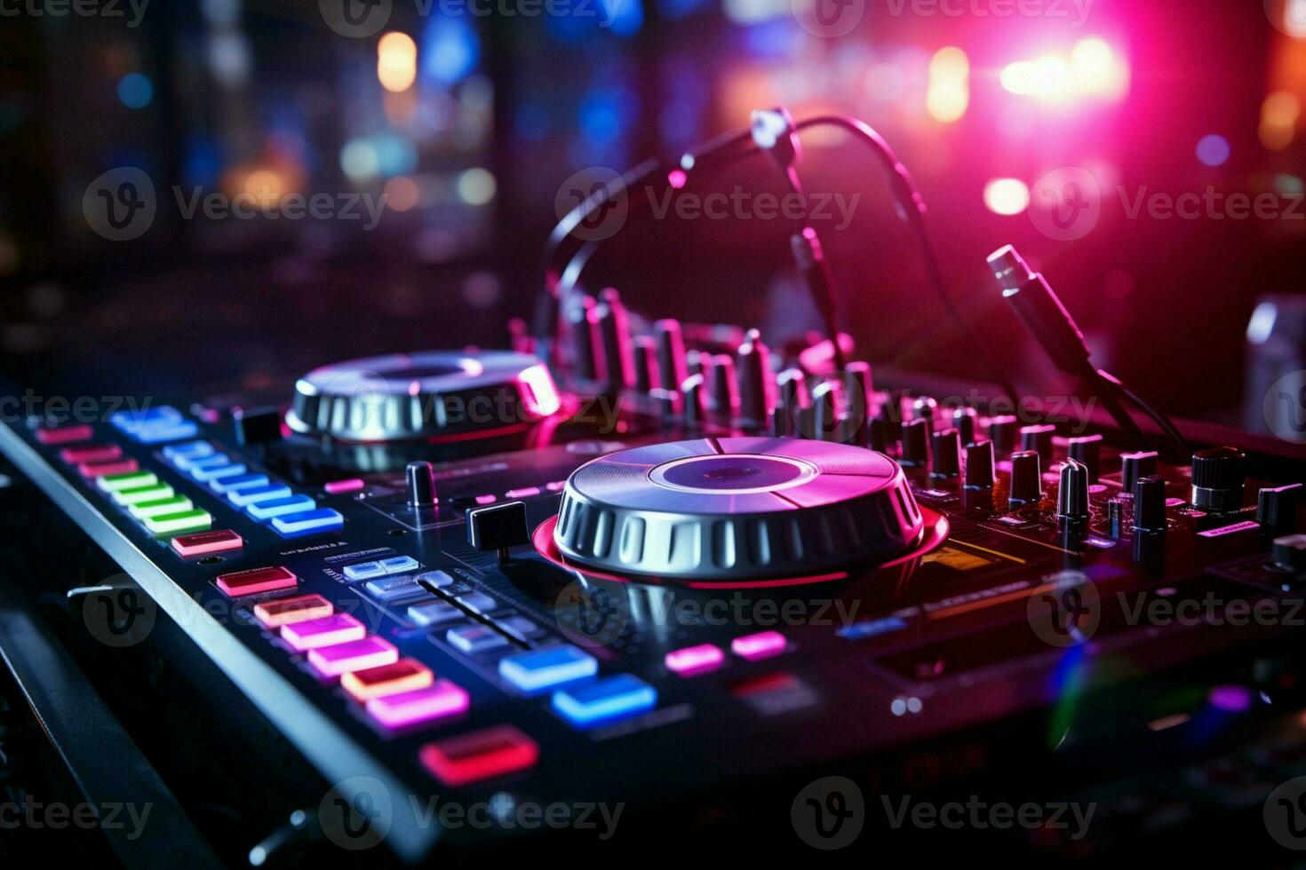 en el discoteca vibrante atmósfera, rosado DJ auriculares acompañar el sonido mezclador. ai generado foto