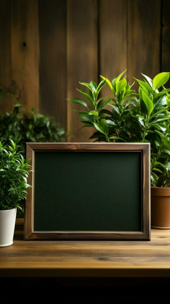 Green houseplant complements blank wood sign on rustic table, white backdrop Vertical Mobile Wallpaper AI Generated photo