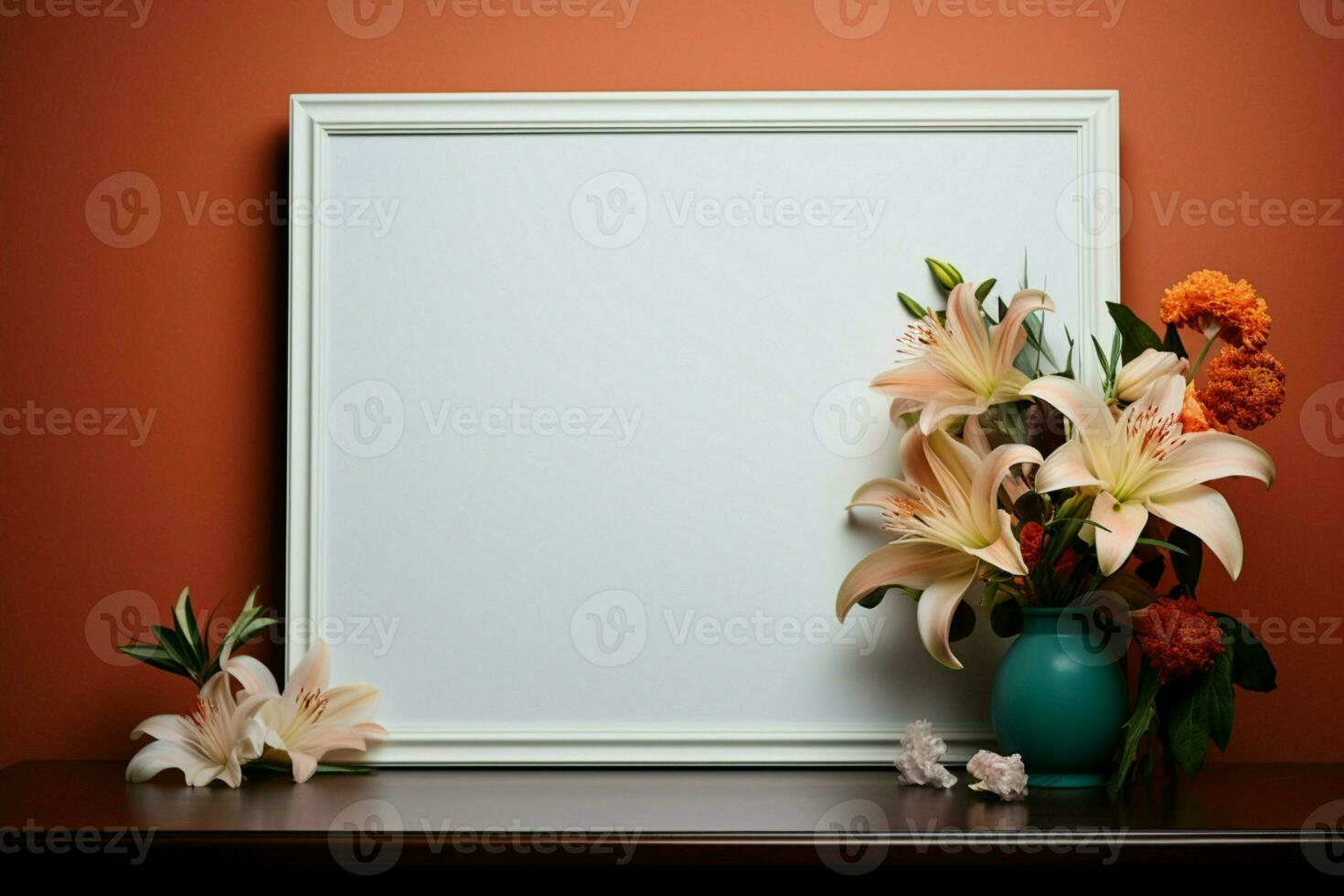 Glossy tabletop showcases an empty frame beside a vibrant floral arrangement AI Generated photo