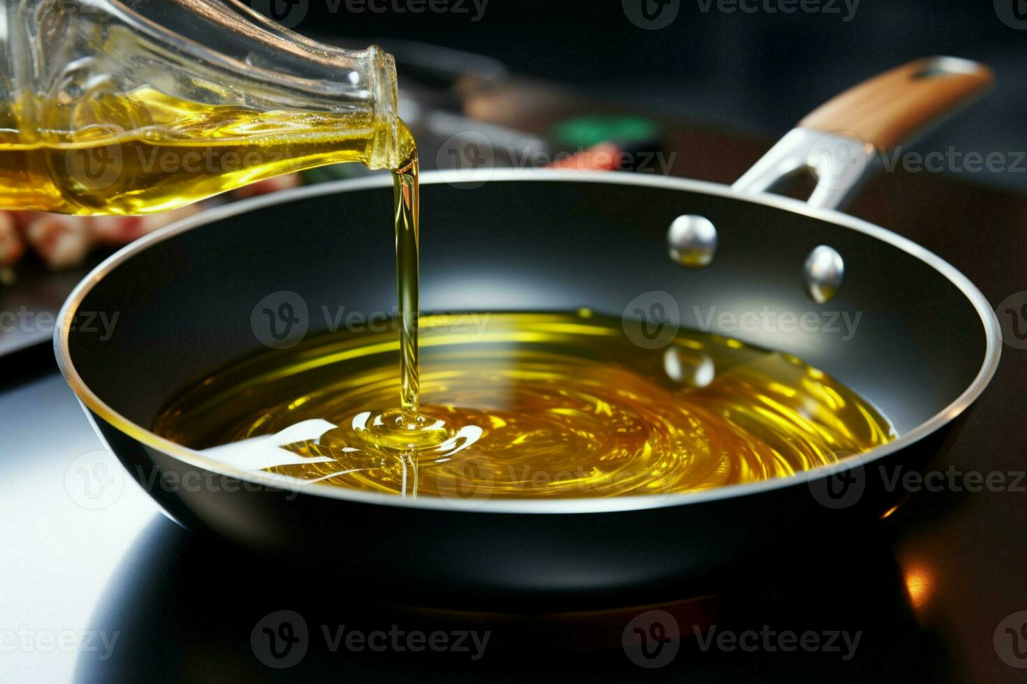 Hot frying pan receives a stream of vegetable oil for cooking perfection AI Generated photo