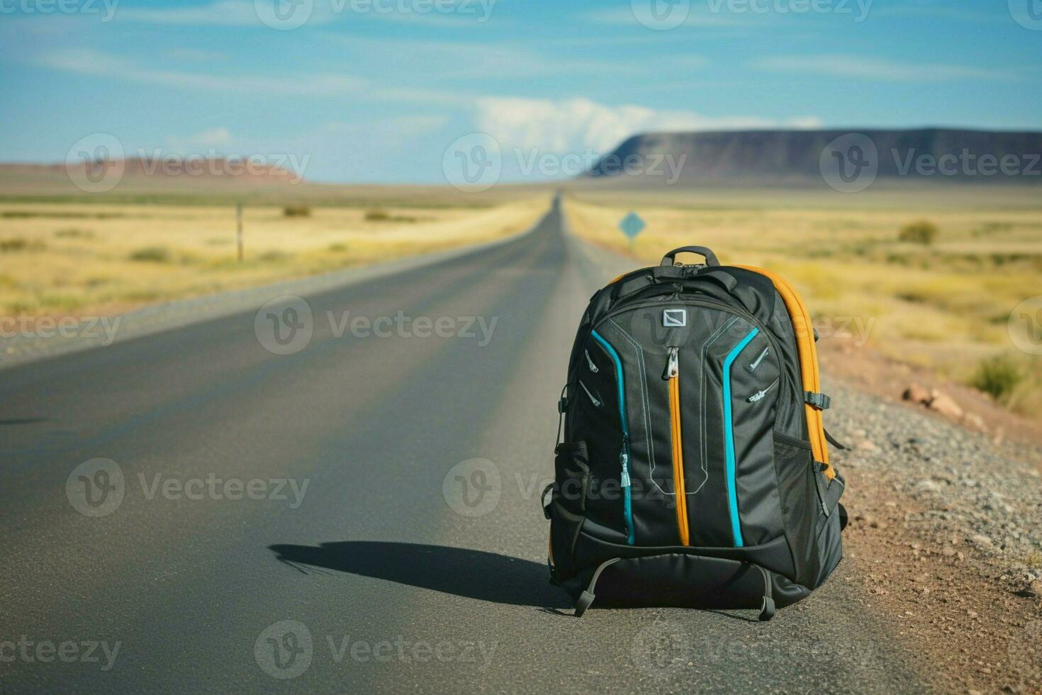 Traveler's backpack meets the open asphalt road, launching their epic adventure AI Generated photo