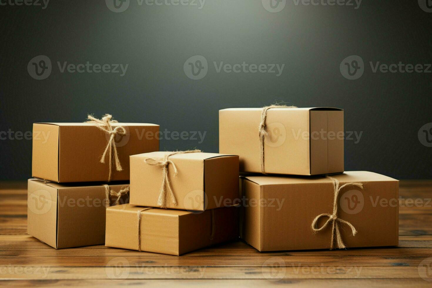 Box trio showcase  Craft cardboard boxes arranged aesthetically in a studio's white environment. AI Generated photo