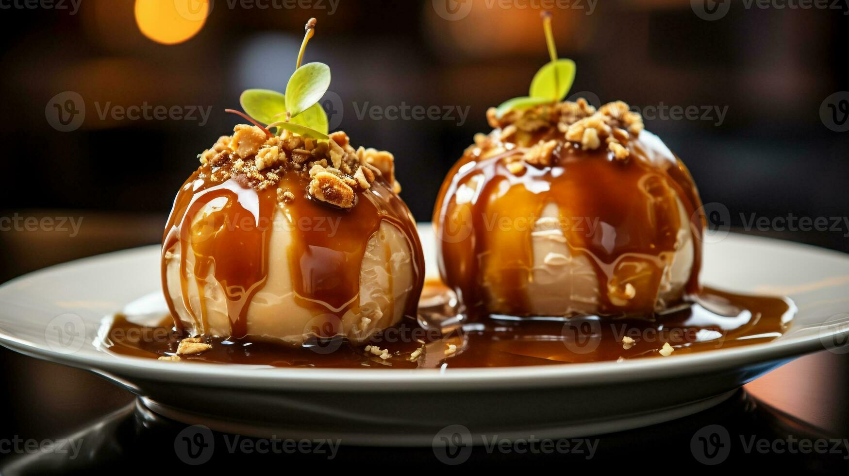 foto de caramelo manzanas como un plato en un gama alta restaurante. generativo ai