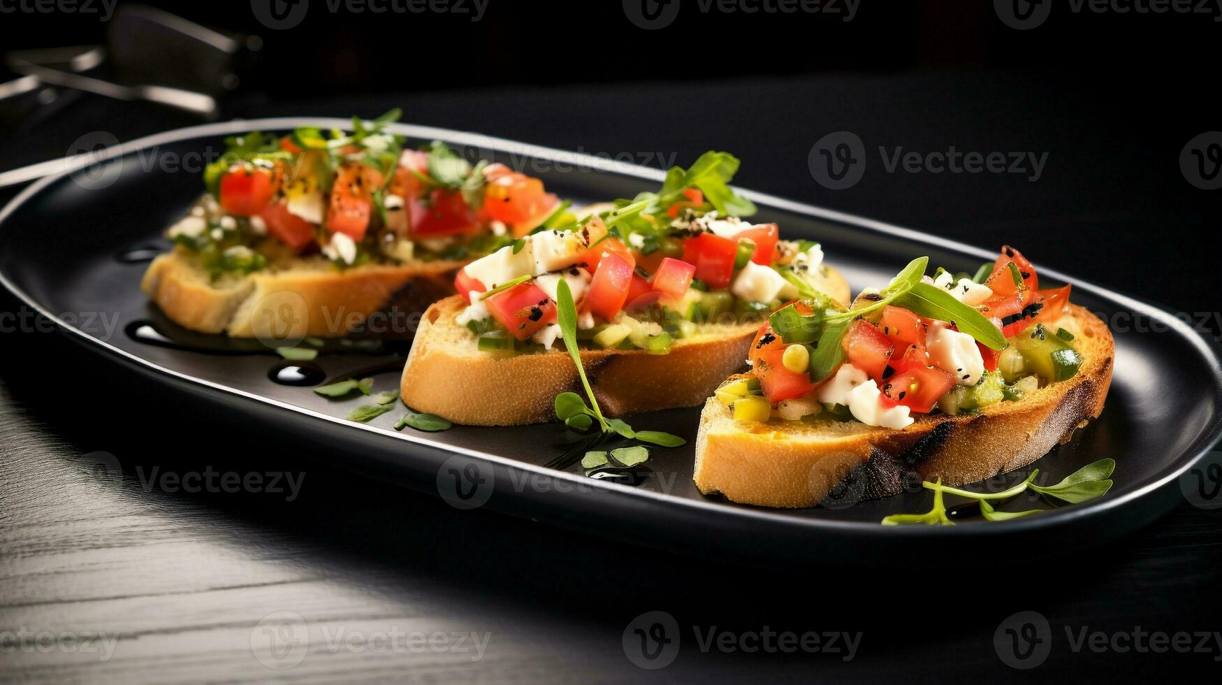 Photo of Bruschetta as a dish in a high-end restaurant. Generative AI