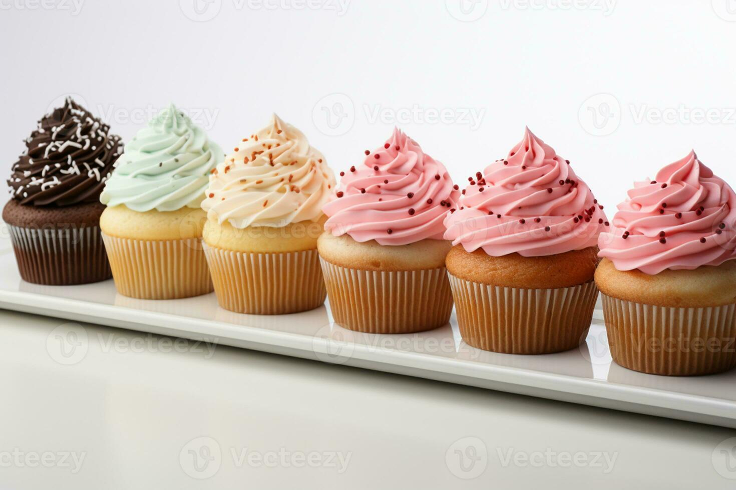 Vivid lineup cupcakes stand out individually against a clean white isolation AI Generated photo