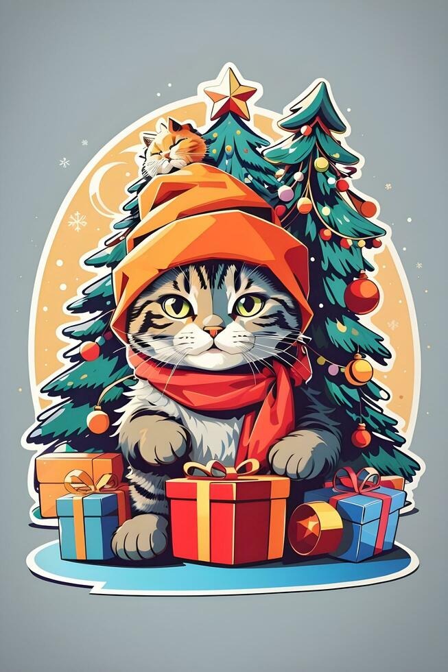 cute christmas cat sticker with christmas tree, sanatas hat, gift box, ai generate photo