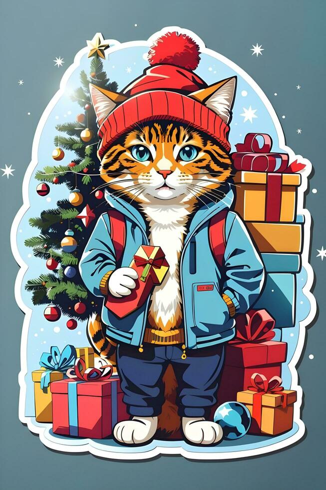 linda Navidad gato pegatina con Navidad árbol, sanatas sombrero, regalo caja, ai generar foto