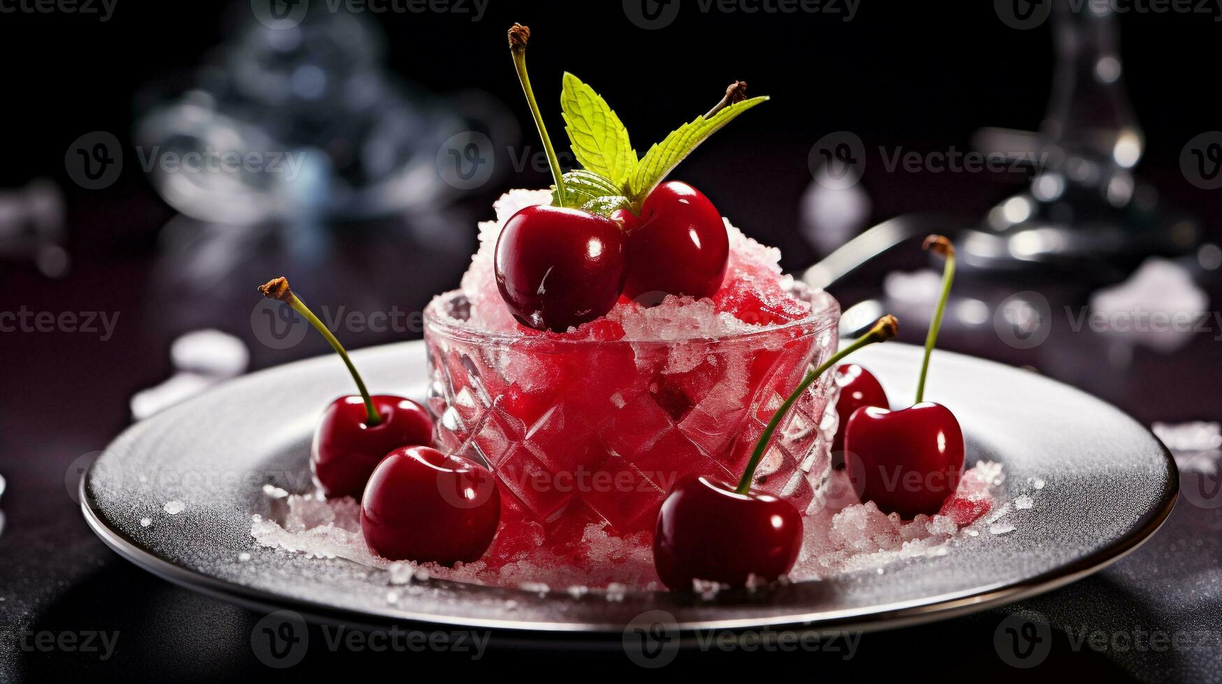 Photo of Cherry Ice as a dish in a high-end restaurant. Generative AI
