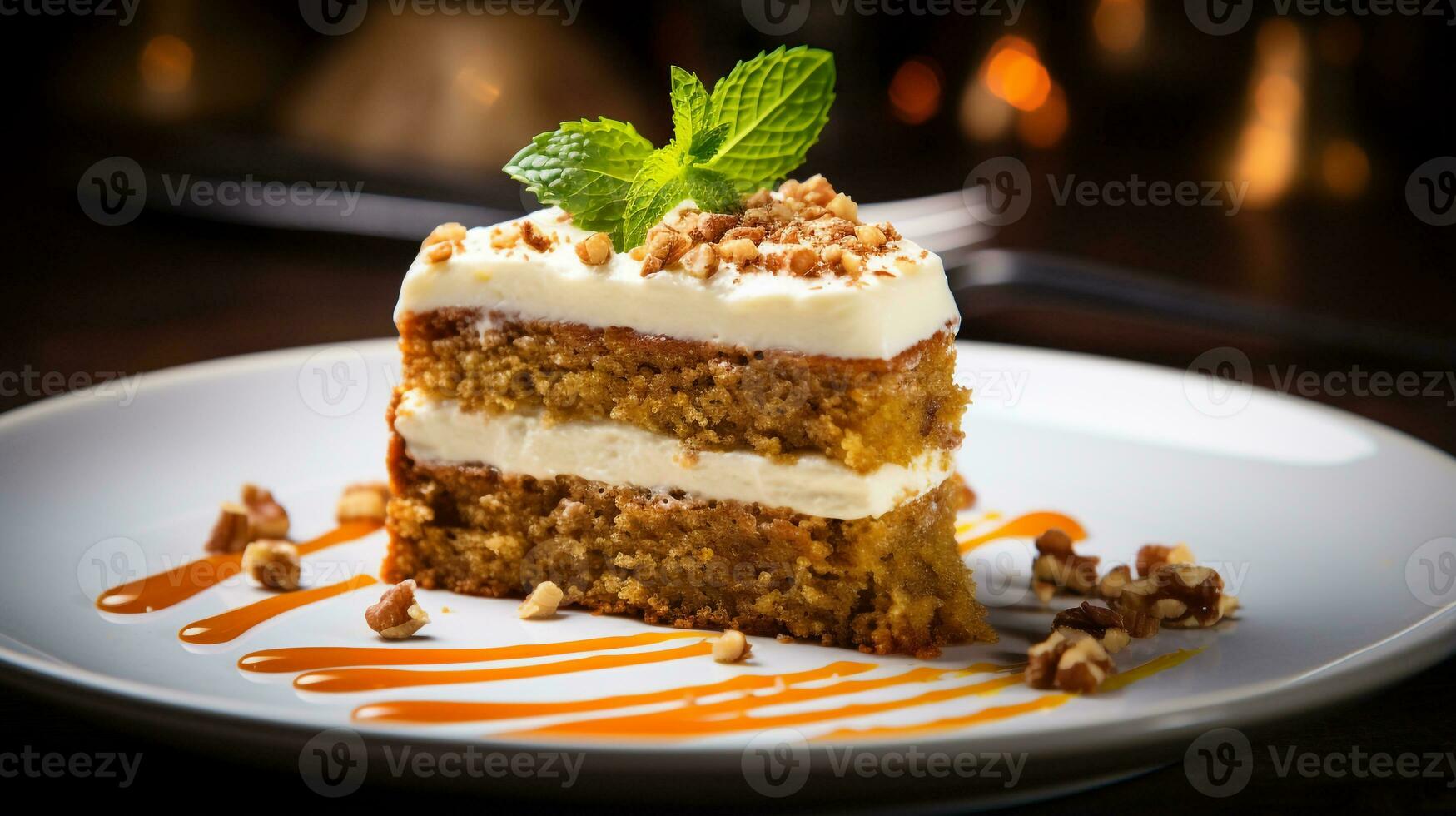 Photo of Carrot Cake as a dish in a high-end restaurant. Generative AI
