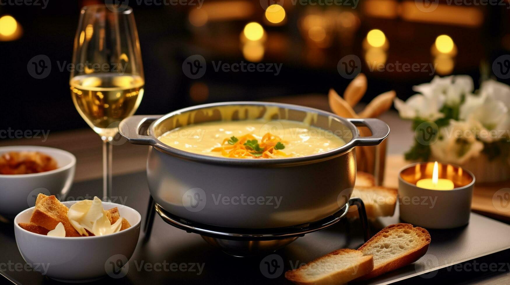 Photo of Cheese Fondue as a dish in a high-end restaurant. Generative AI