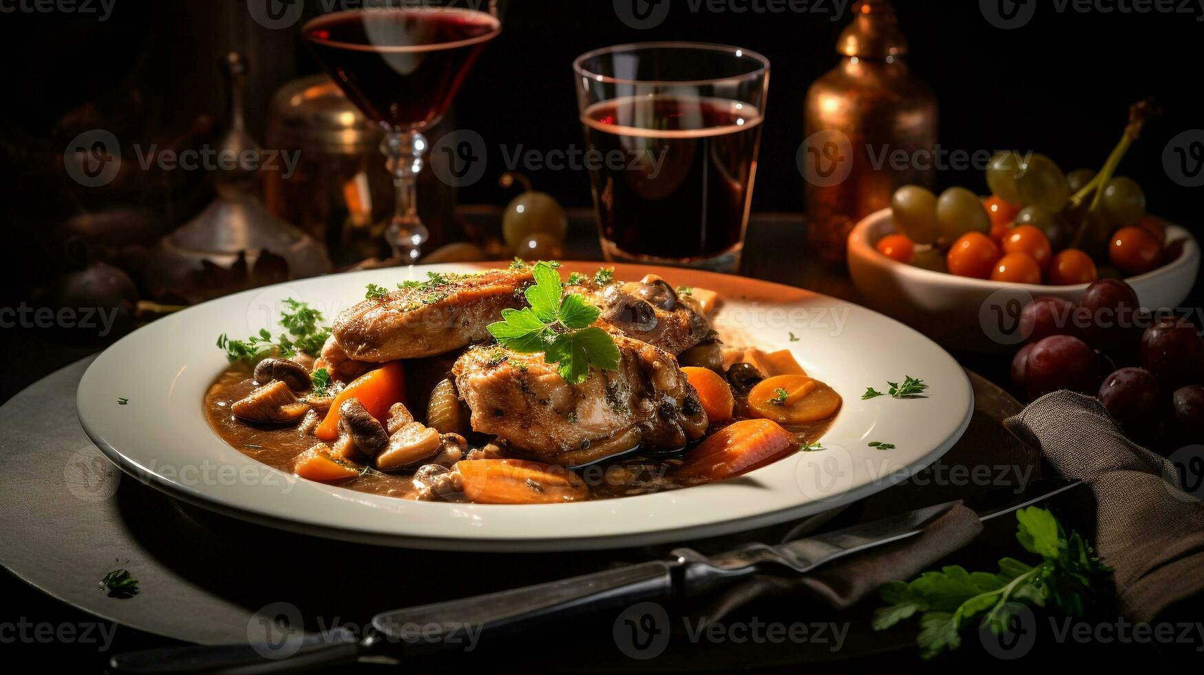 Photo of Coq au Vin as a dish in a high-end restaurant. Generative AI