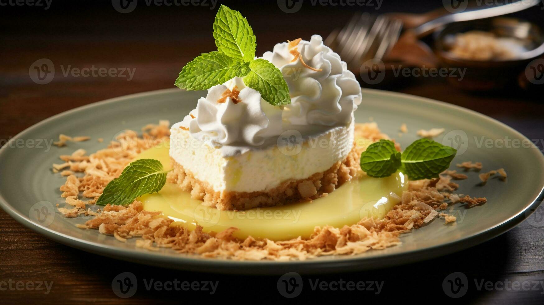 Photo of Coconut Cream Pie as a dish in a high-end restaurant. Generative AI