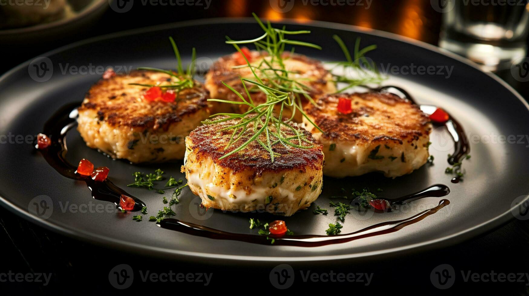 Photo of Crab Cakes as a dish in a high-end restaurant. Generative AI