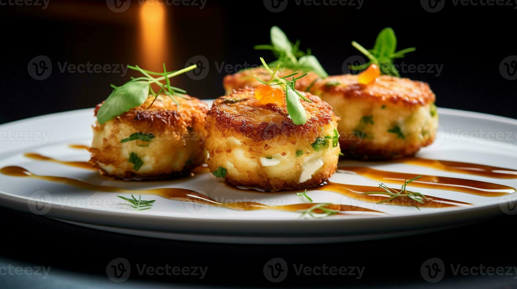 Photo of Crab Cakes as a dish in a high-end restaurant. Generative AI