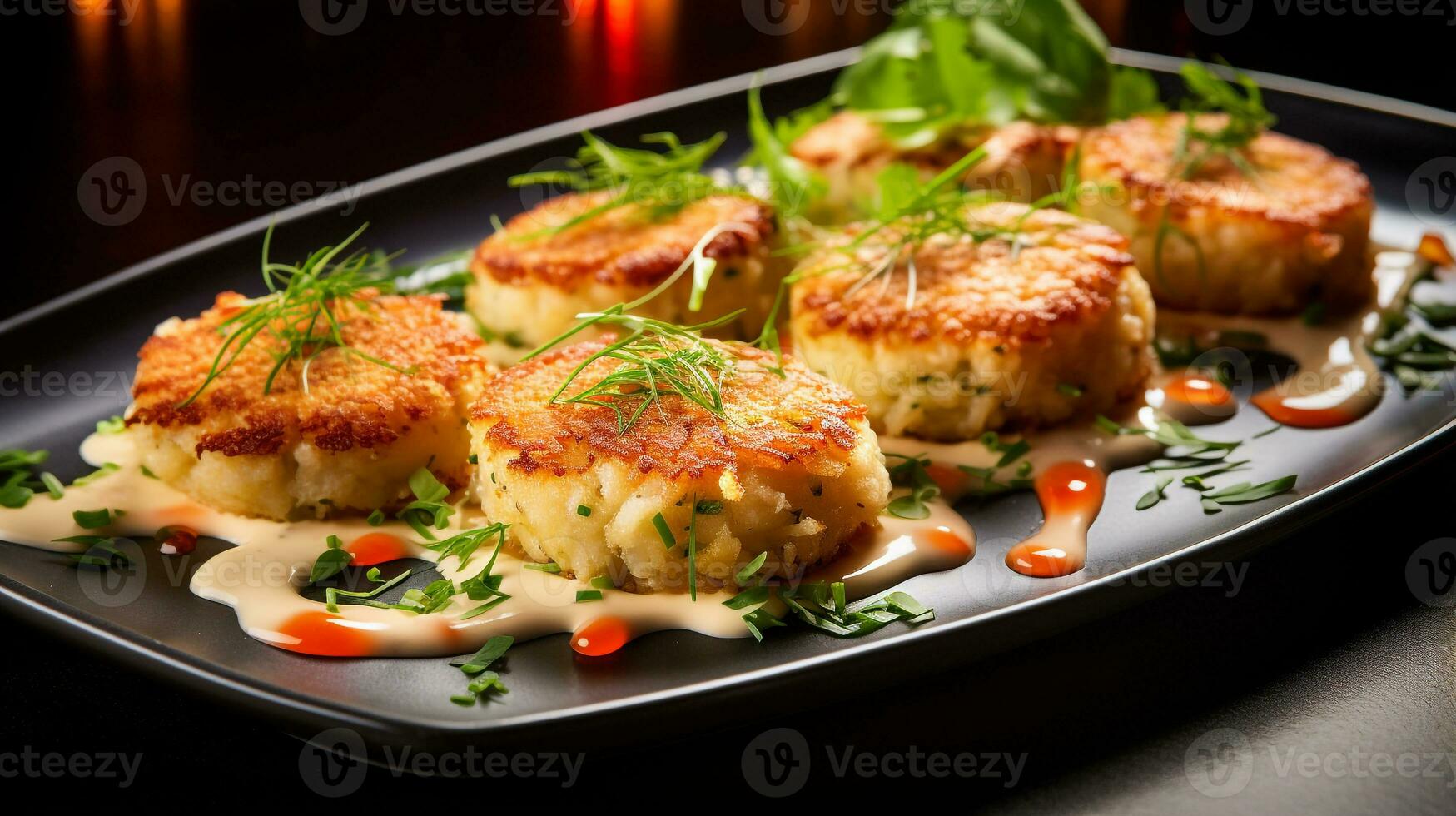 Photo of Crab Cakes as a dish in a high-end restaurant. Generative AI