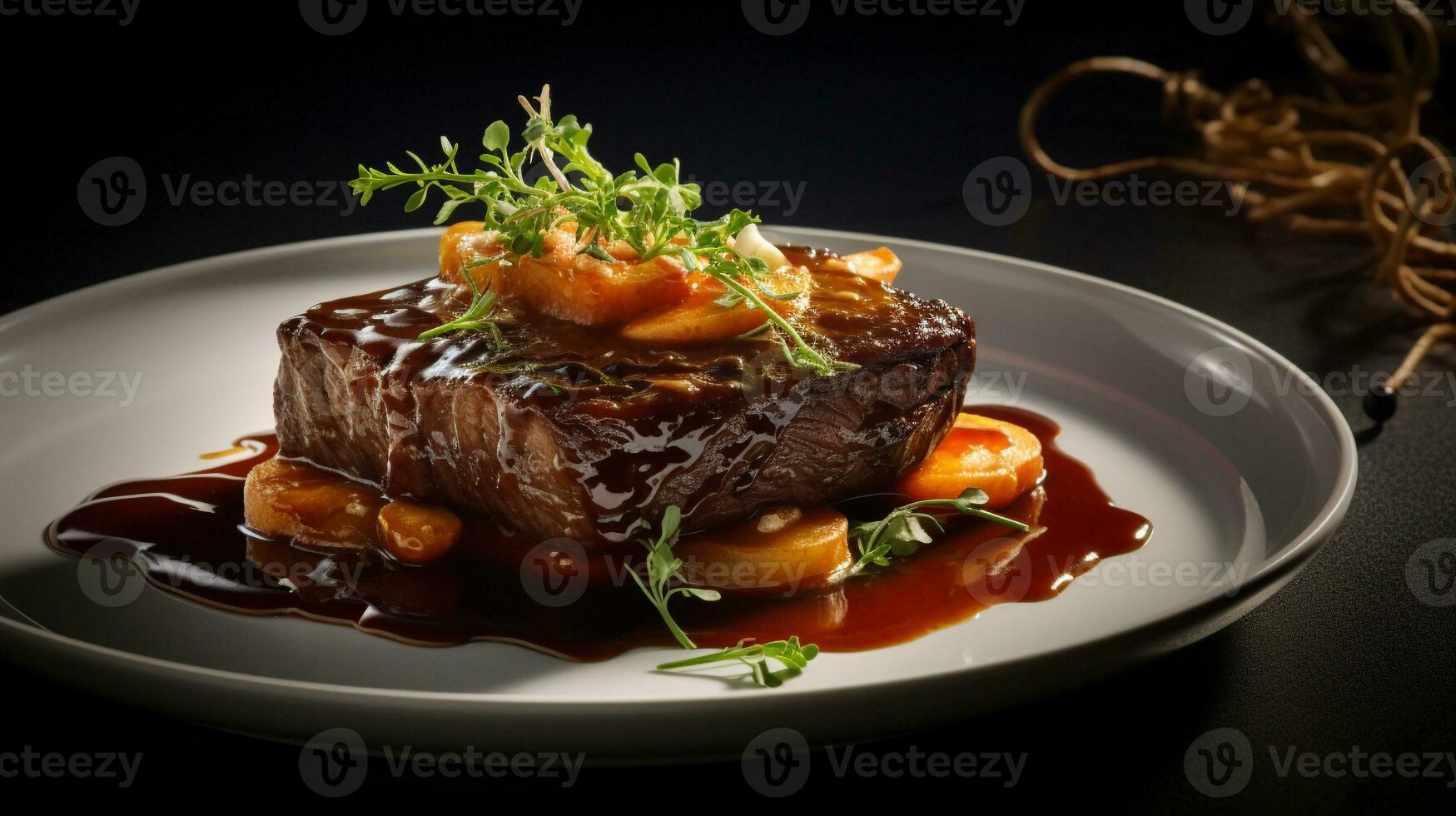 Photo of Cider-Braised Brisket as a dish in a high-end restaurant. Generative AI