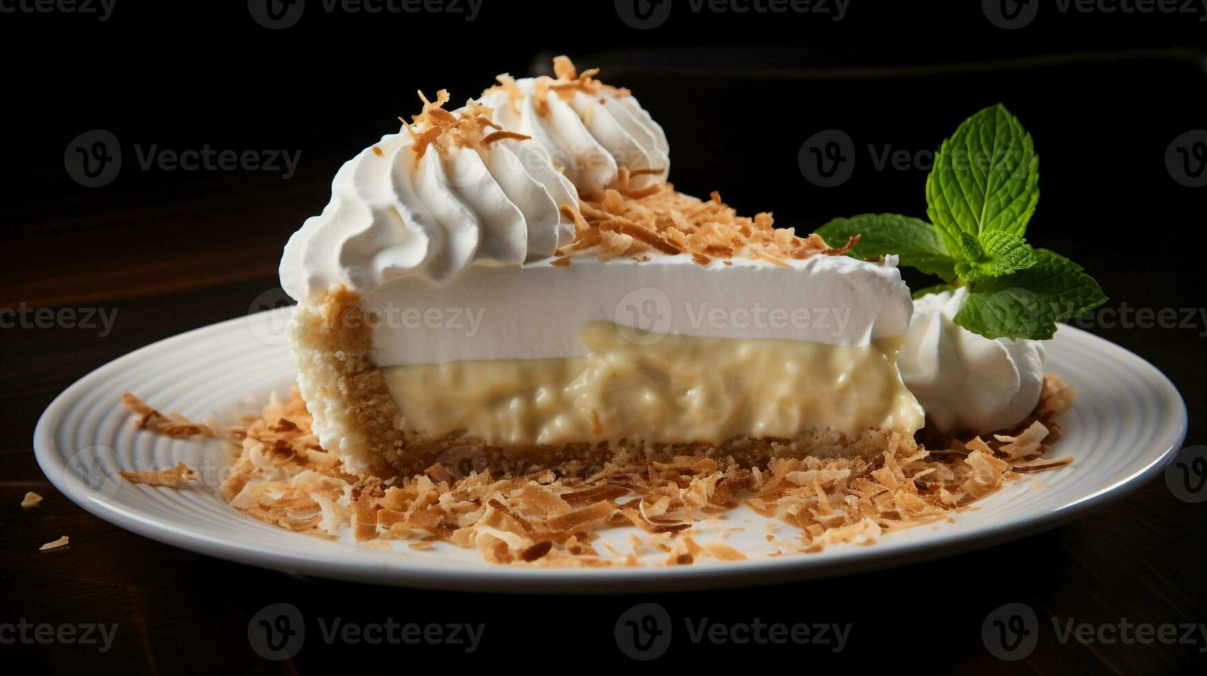 Photo of Coconut Cream Pie as a dish in a high-end restaurant. Generative AI