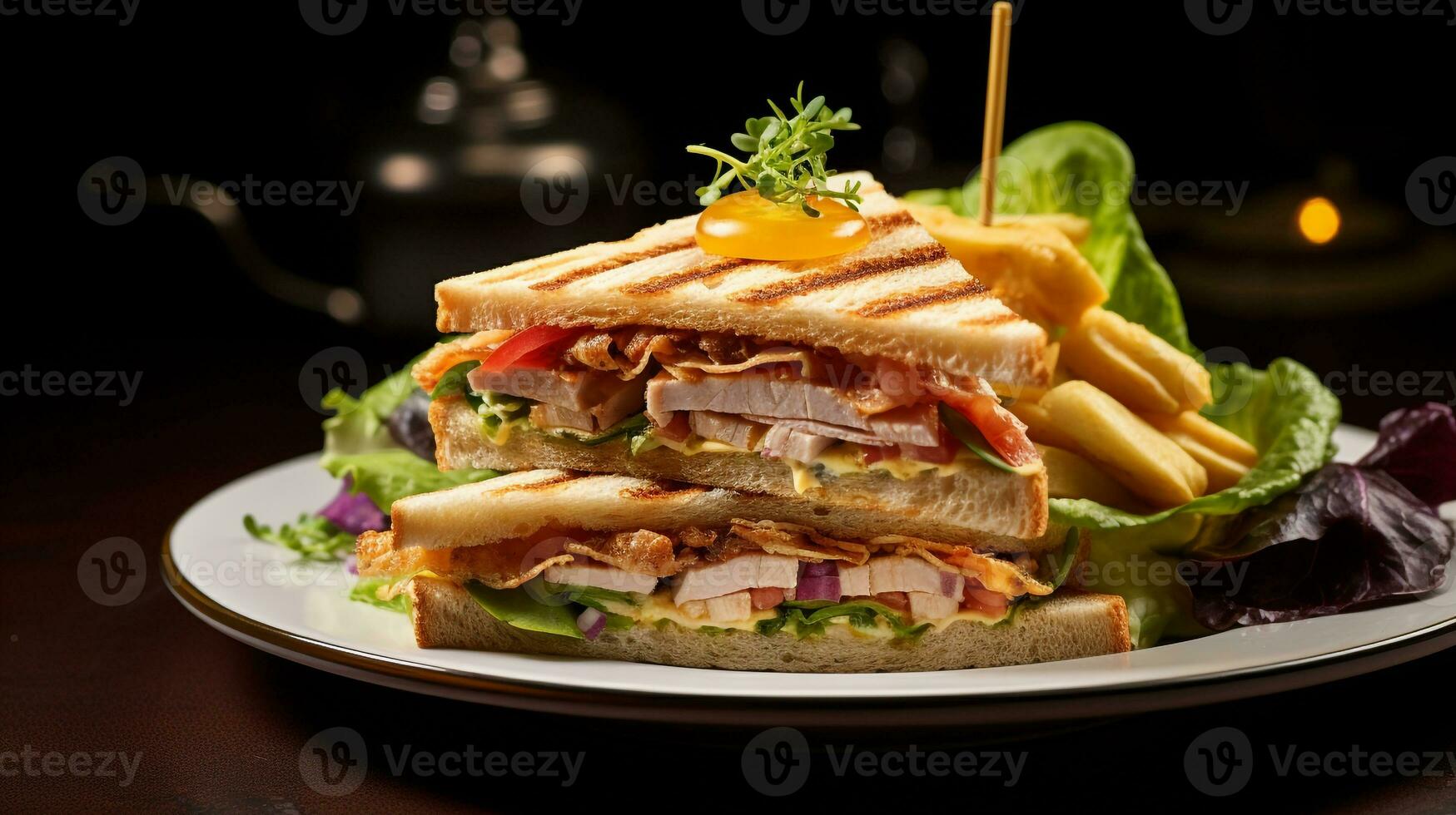 Photo of Club Sandwich as a dish in a high-end restaurant. Generative AI