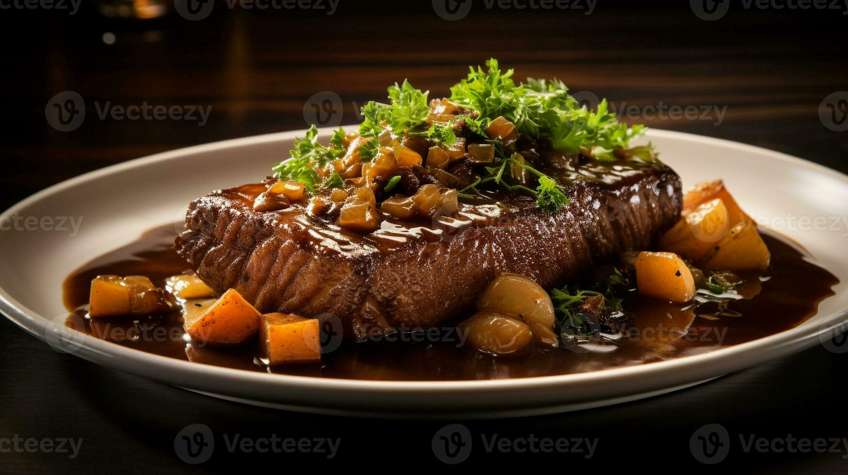 Photo of Cider-Braised Brisket as a dish in a high-end restaurant. Generative AI