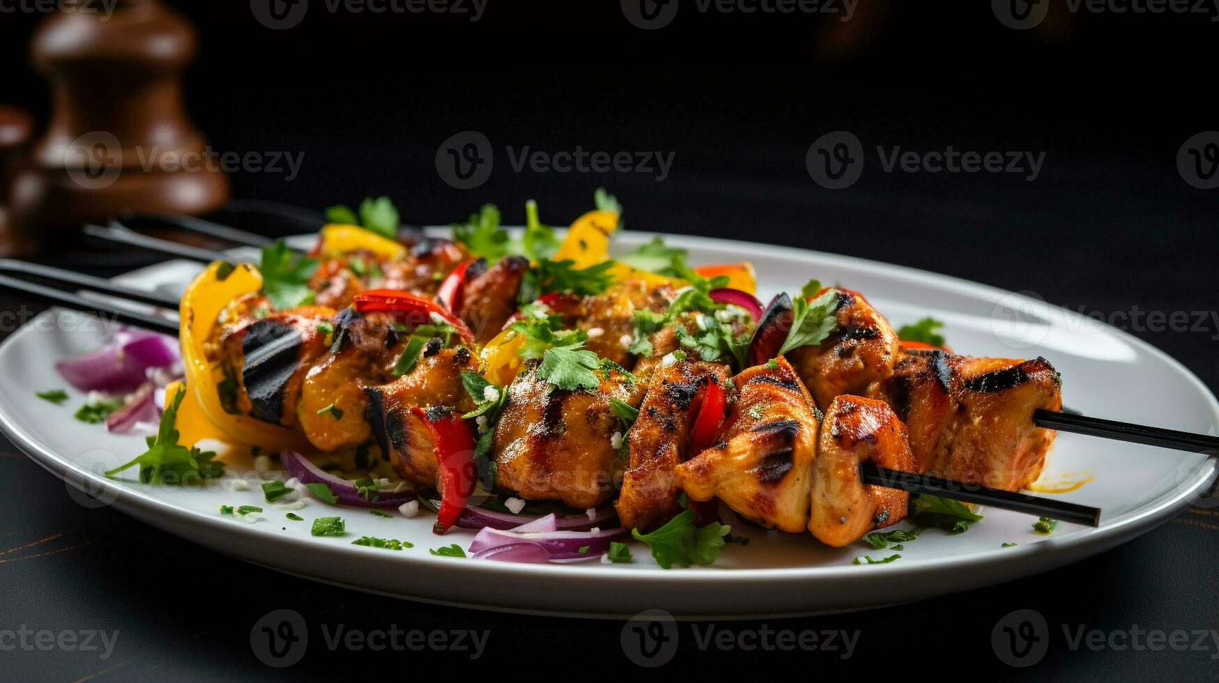Photo of Chicken Kebabs as a dish in a high-end restaurant. Generative AI