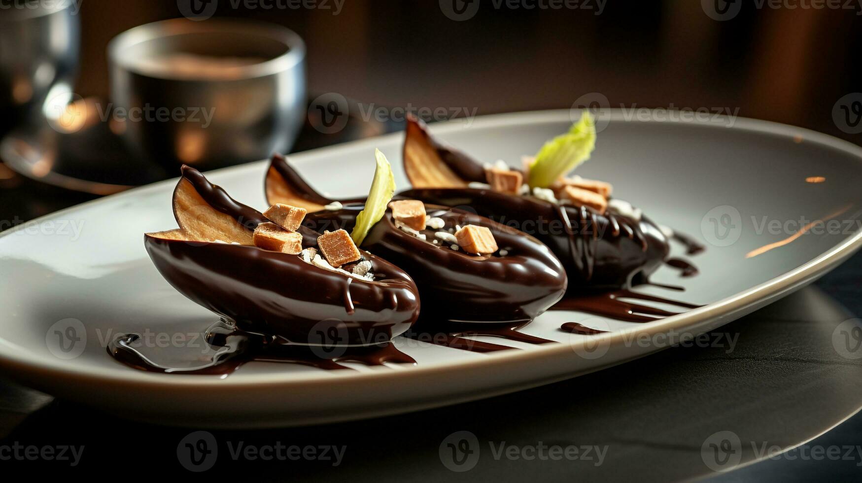 foto de chocolate sumergido bananas como un plato en un gama alta restaurante. generativo ai