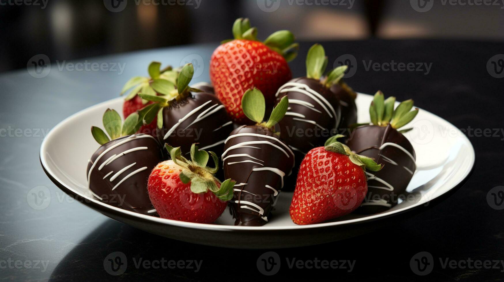 Photo of Chocolate Covered Strawberries as a dish in a high-end restaurant. Generative AI