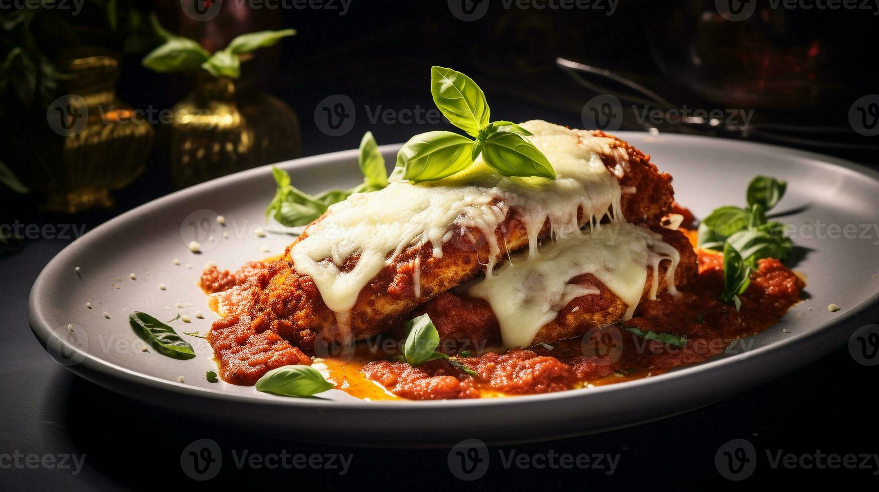 Photo of Chicken Parmesan as a dish in a high-end restaurant. Generative AI