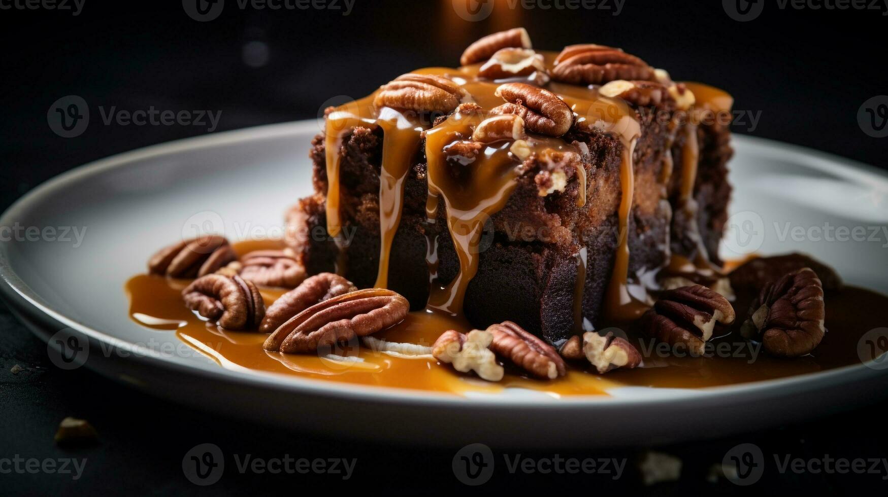 Photo of Caramel Pecan Brownies as a dish in a high-end restaurant. Generative AI
