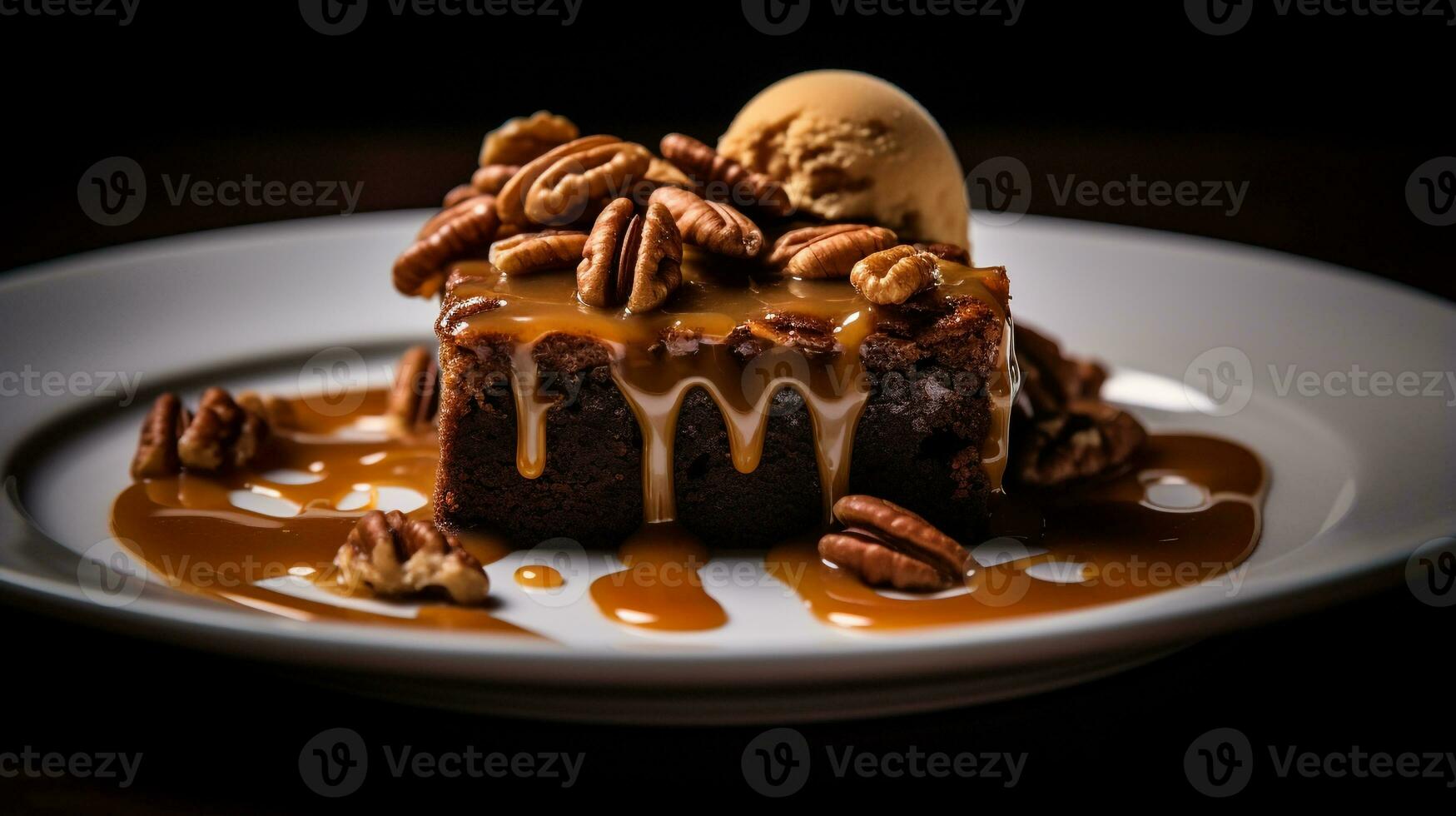 Photo of Caramel Pecan Brownies as a dish in a high-end restaurant. Generative AI