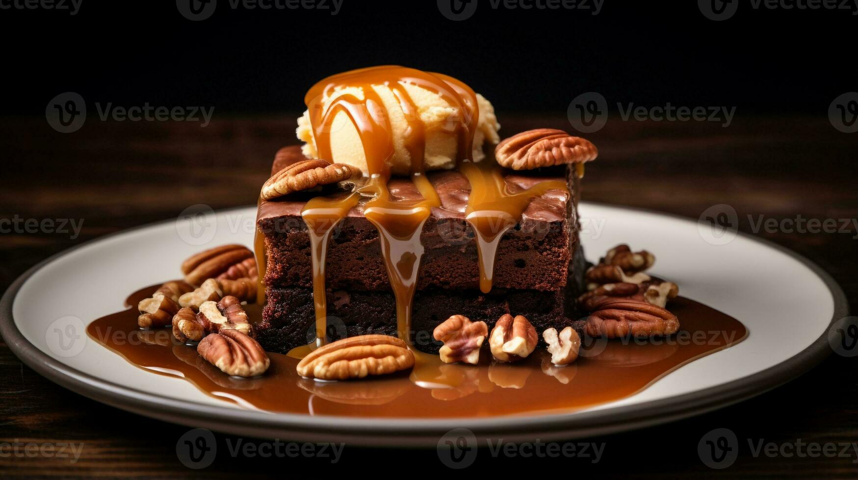 Photo of Caramel Pecan Brownies as a dish in a high-end restaurant. Generative AI