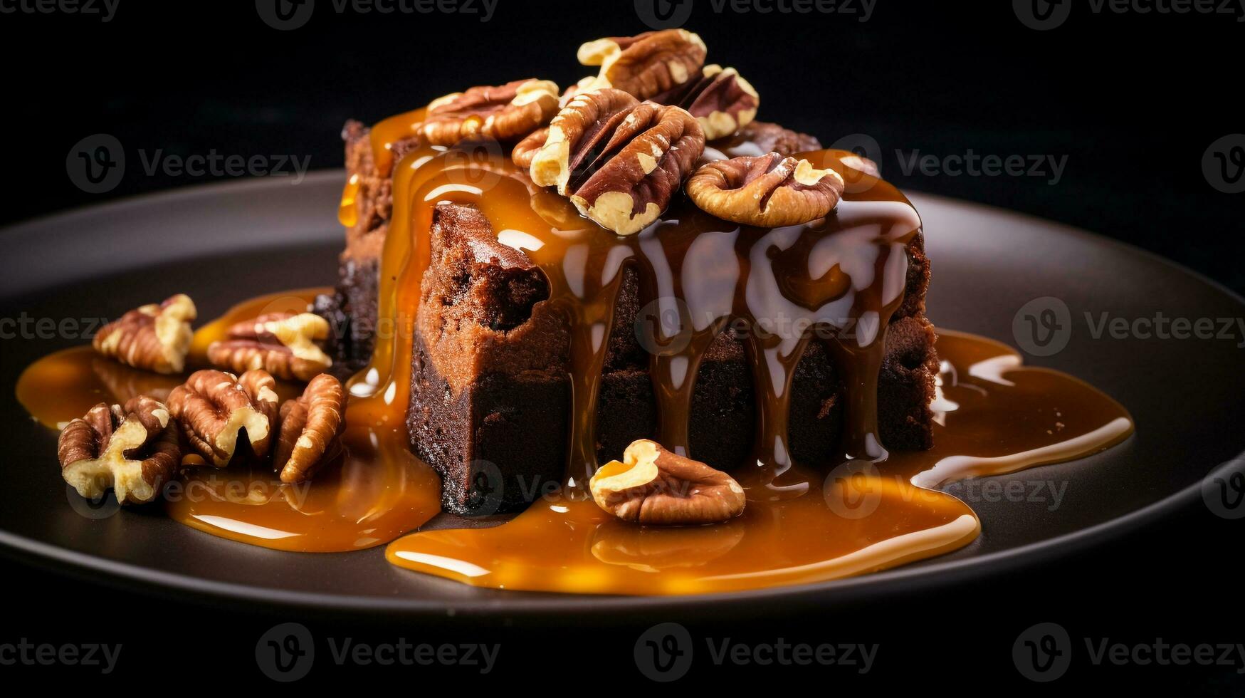 Photo of Caramel Pecan Brownies as a dish in a high-end restaurant. Generative AI