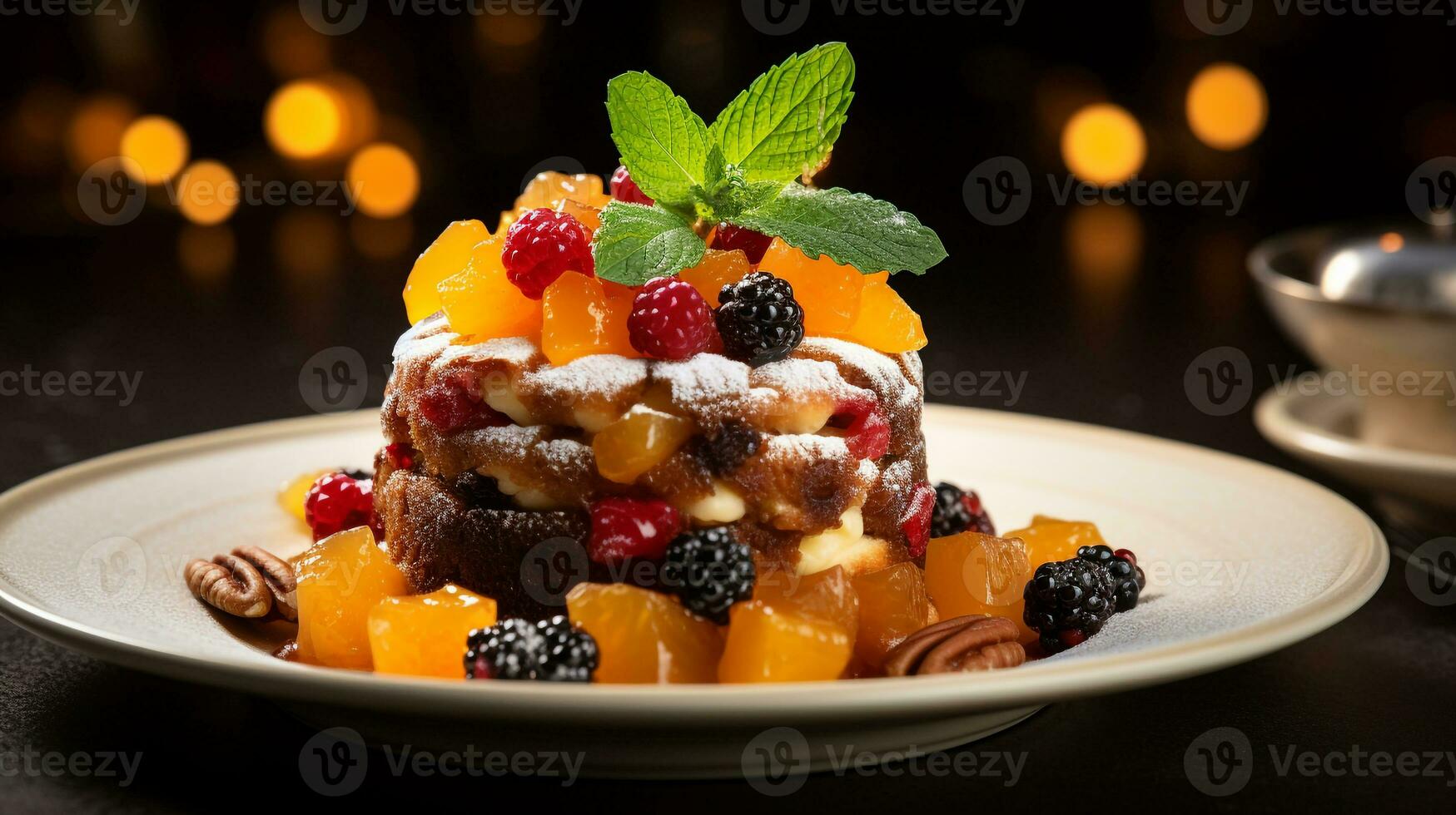 Photo of Fruitcake as a dish in a high-end restaurant. Generative AI