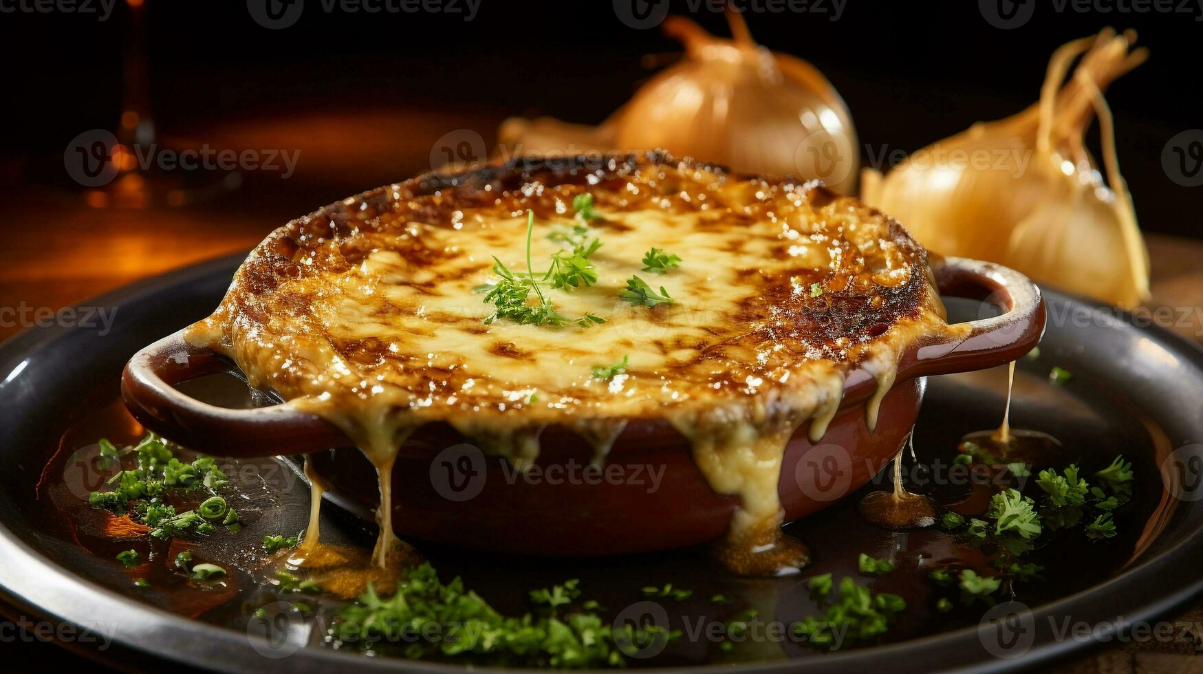 Photo of French Onion Soup as a dish in a high-end restaurant. Generative AI