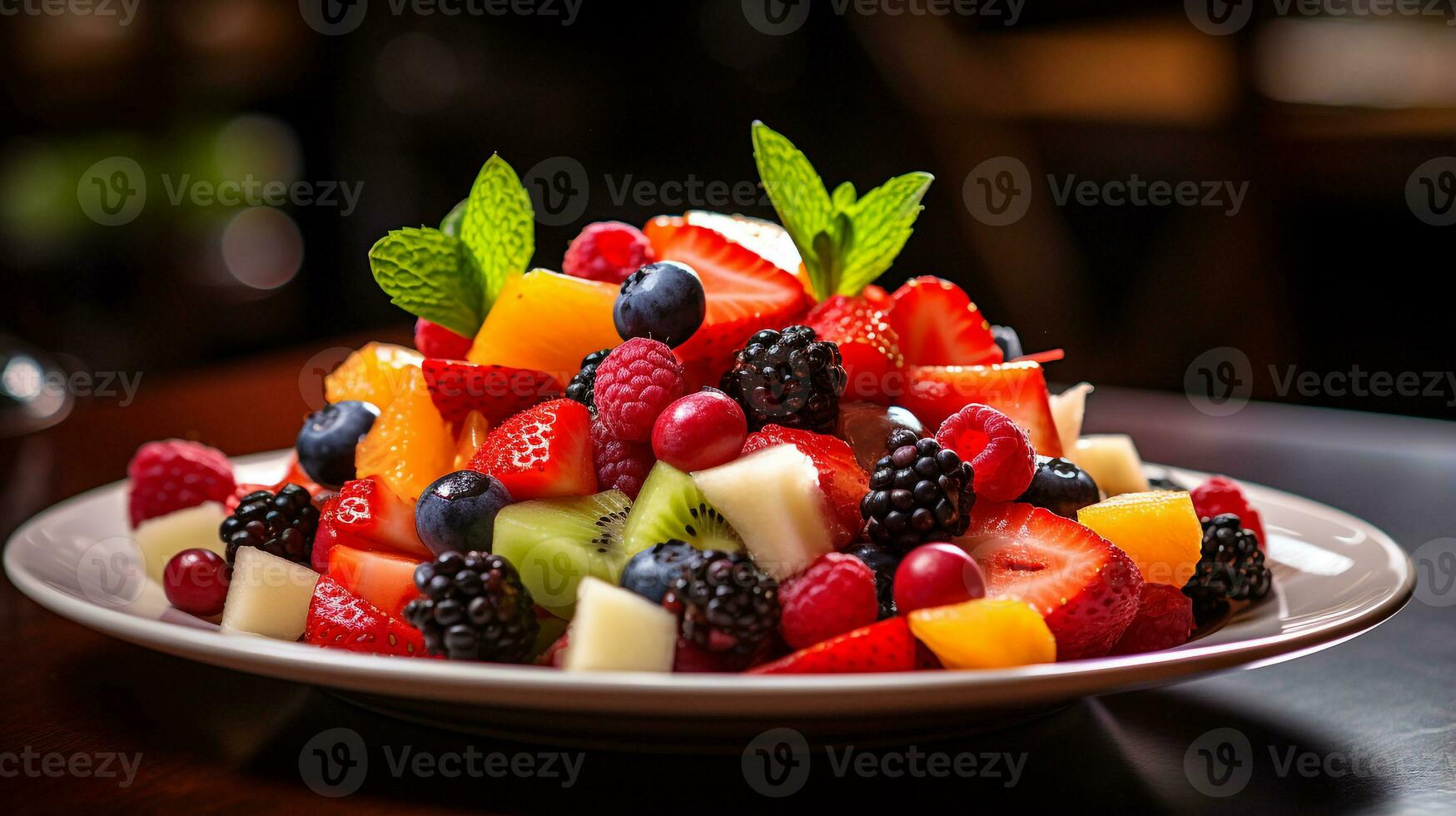 Photo of Fresh Fruit Salad as a dish in a high-end restaurant. Generative AI