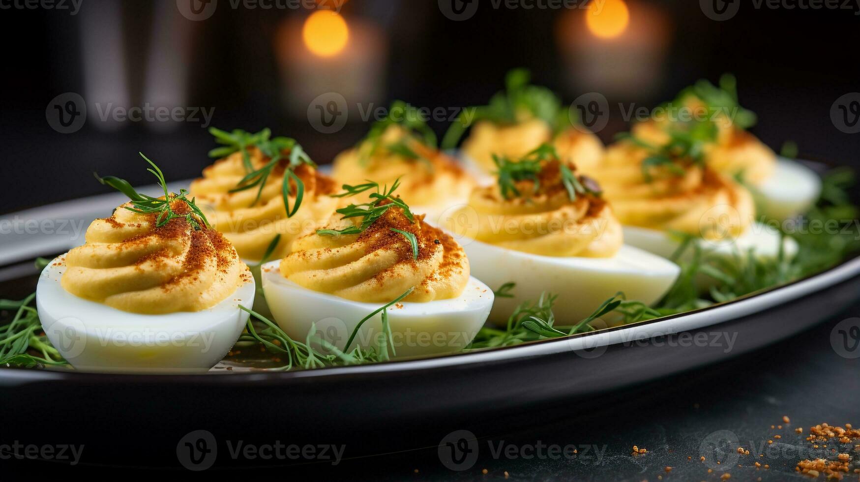 foto de muy condimentado huevos como un plato en un gama alta restaurante. generativo ai